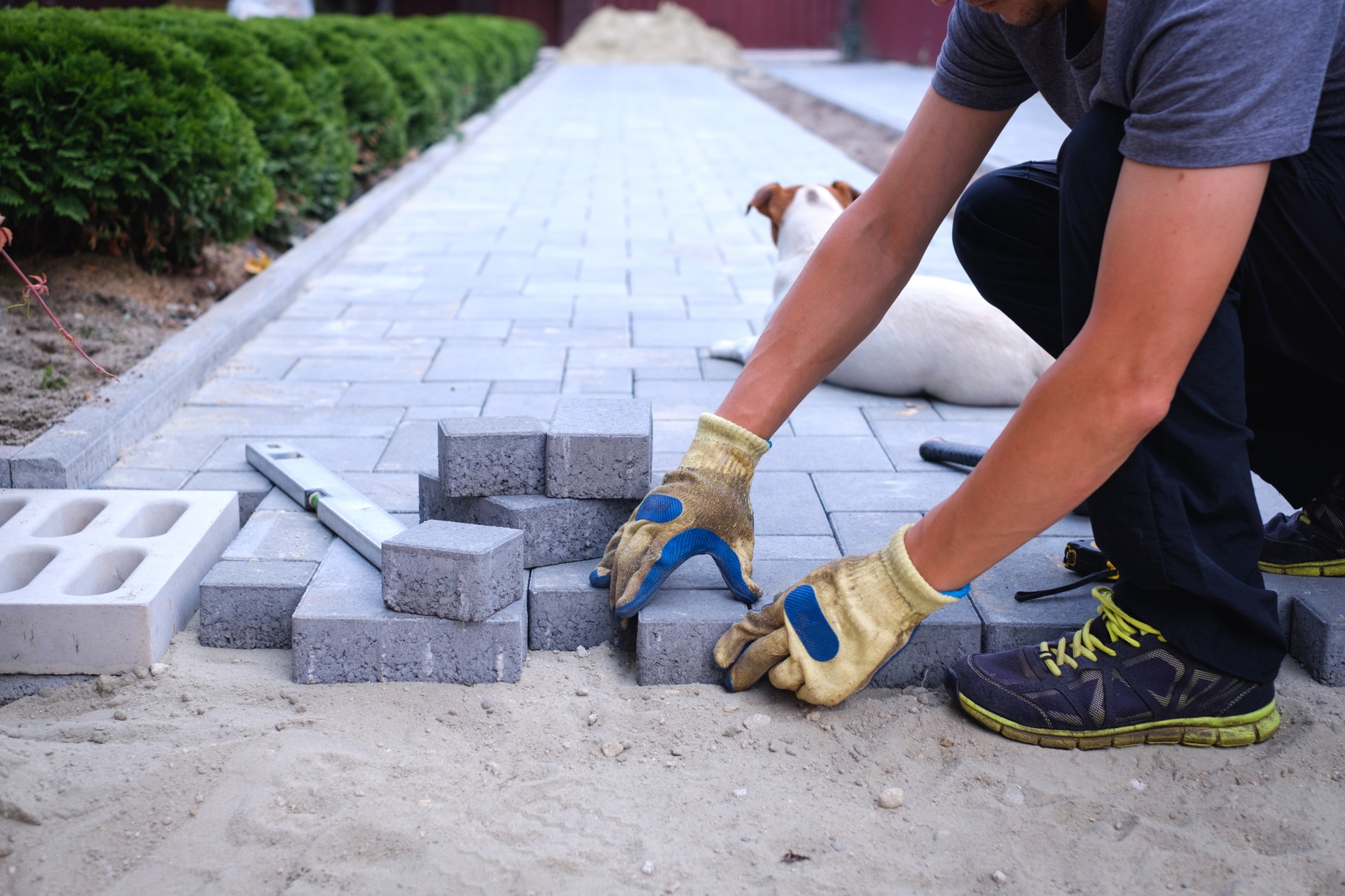 The master in yellow gloves lays paving stones